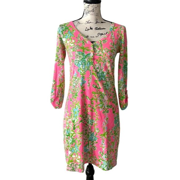 Lilly Pulitzer Palmetto T-Shirt Dress Floral Pink Green Pima Cotton Women XS - Picture 2 of 9
